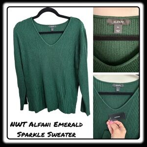 NWT Alfani Emerald Sparkle Ribbed V-Neck Sweater XLarge Get your “Shimmer On”